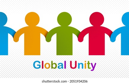 Worldwide people global society concept, different races solidarity, we stand as one, togetherness and friendship allegory, world unity cooperation, vector illustration logo or icon.