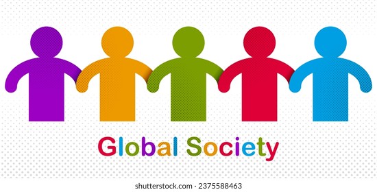 Worldwide people global society concept, different races solidarity, we stand as one, togetherness and friendship allegory, world unity cooperation, vector illustration logo or icon.