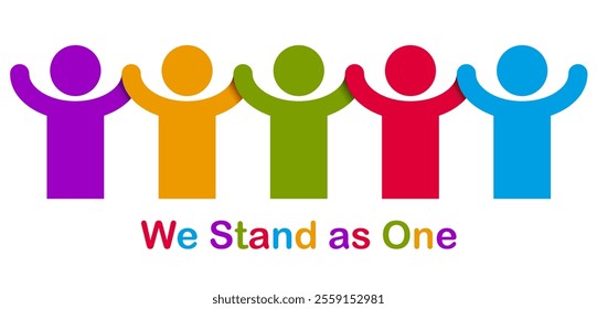 Worldwide people global society concept, different races solidarity, we stand as one, togetherness and friendship allegory, world unity cooperation, vector illustration logo or icon.