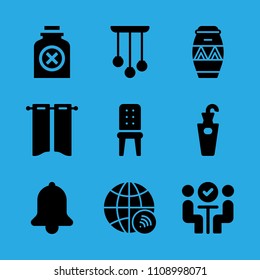 worldwide, poison, drum, bell, meeting, umbrella stand, curtains, chandelier and chair vector icon. Simple icons set