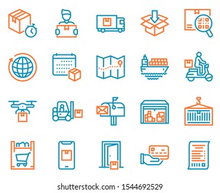 Worldwide post delivery linear icons set. Package service, telephone alert, card payment, baggage tracking by code scan. Fast courier delivery. Order shipment symbols. Isolated vector illustrations