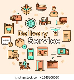 Worldwide post delivery linear icons set. Package service, telephone alert, card payment, baggage tracking by code scan. Fast courier delivery. Order shipment symbols. Isolated vector illustrations
