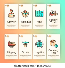 Worldwide post delivery linear icons set. Package service, telephone alert, card payment, baggage tracking by code scan. Fast courier delivery. Order shipment symbols. Isolated vector illustrations