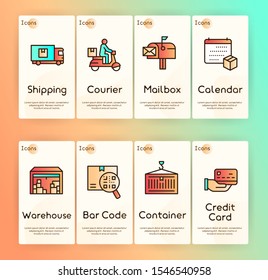 Worldwide post delivery linear icons set. Package service, telephone alert, card payment, baggage tracking by code scan. Fast courier delivery. Order shipment symbols. Isolated vector illustrations