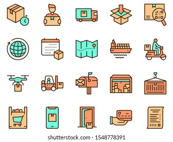 Worldwide post delivery linear icons set. Package service, telephone alert, card payment, baggage tracking by code scan. Fast courier delivery. Order shipment symbols. Isolated vector illustrations