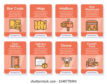Worldwide post delivery linear icons set. Package service, telephone alert, card payment, baggage tracking by code scan. Fast courier delivery. Order shipment symbols. Isolated vector illustrations