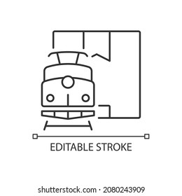 Icono lineal de envío de carga ferroviaria a nivel mundial. Entrega de pedidos por ferrocarril. El tren transporta carga. Ilustración personalizable de línea delgada. Símbolo de contorno. Dibujo de contorno aislado del vector. Trazo editable