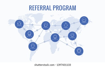 Worldwide referral program, network marketing, business partnership, referral program strategy. Flat cartoon design, vector illustration on white background