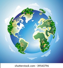 Worldwide resort concept: beach and tropical forests everywhere. Vector illustration.
