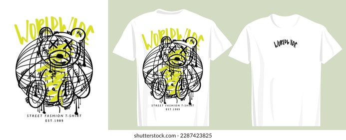 Worldwide retro typography slogan text. Teddy bear grunge drawing. Vector illustration design for fashion graphics, t shirt print.