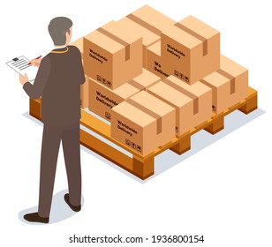 Worldwide sales concept. Worker loading boxes on carrier. Man holding box, put it on stack