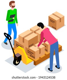 Worldwide sales concept. Worker loading boxes on carrier. Man holding box, put it on stack