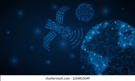Worldwide satellite communications.The space station transmits information to the planet earth. Concept of triangular lines and points. Low-poly vector illustration.