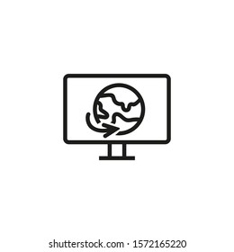 Worldwide screening thin line icon. Monitor, round trip, booking website isolated outline sign. Travel, trip, vacation concept. Vector illustration symbol element for web design and apps.