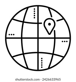 Weltweiter Versand, schwarze Linie Vektor-Symbol, Piktogramm eines Globus und Ziel