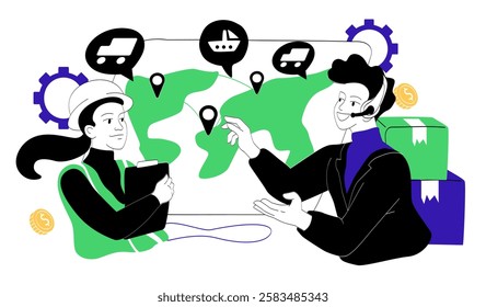 Worldwide shipping concept. Man and woman stand near global map. Logistics and transportation. Import and export of goods. Globalization of business. Linear vector illustration