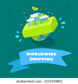 Worldwide shipping. The concept of quality and fast delivery. Vector cartoon.
