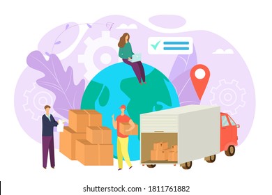 Worldwide shipping and delivery cargo service concept, vector illustration. Transportation worldwide, logistic, freight and truck with boxes. Export, import. International fast shipping service.