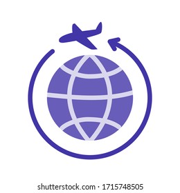 Icono de vector plano de envío a nivel mundial. Dibujado a mano en estilo doodle de moda - el avión vuela alrededor de la tierra. Monocromo colorido Aislado sobre fondo blanco.