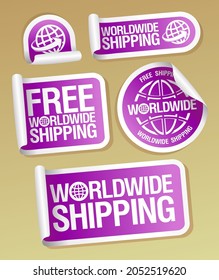 Worldwide shipping, free worldwide shipping - vector stickers mockups set