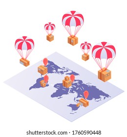 Worldwide shipping isometric concept. Global transportation of goods yellow boxes parachuting world map technology for fast high quality logistics shipping spread vector trading industry.