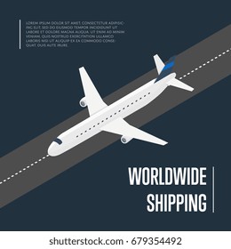 Worldwide shipping isometric vector illustration. Cargo jet airplane on airport runway. Worldwide logistics, delivery transportation, global freight airlines, shipping company, import and export