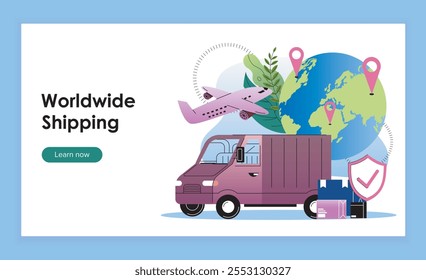 Worldwide shipping landing page. Truck and airplane near globe with GPS pins. Global logistics and cargo transportation, shipping. Flat vector illustration isolated on blue background