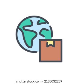 Worldwide shipping and logistics color line icon. Globe with delivery box vector outline colorful sign.