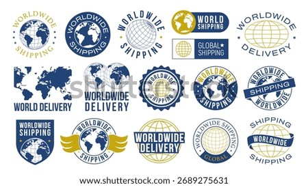 Worldwide Shipping logo set. World delivery badge, label, stamp. Global Shipping logo. World globe icons. Vector illustration