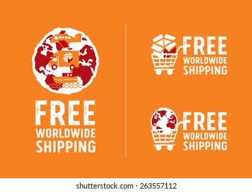 Worldwide shipping logos and signs with globe icon - freehand drawing vector Illustration