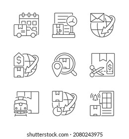 Weltweit verschicken professionelle Service-Linearsymbole. Garantierte fristgerechte Lieferung von Bestellungen. Frachtschutz. Anpassbare Dünnlinienkontursymbole. Einzelne Vektorgrafiken