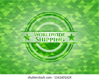 Worldwide Shipping realistic green emblem. Mosaic background