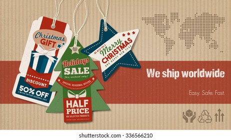 Worldwide shipping and sales banner with tag, carton box background and world map, Christmas shopping concept