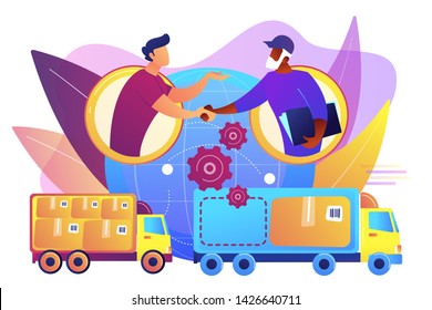 Worldwide shipping service, international distribution. Collaborative logistics, supply chain partners, freight cost optimization concept. Bright vibrant violet vector isolated illustration