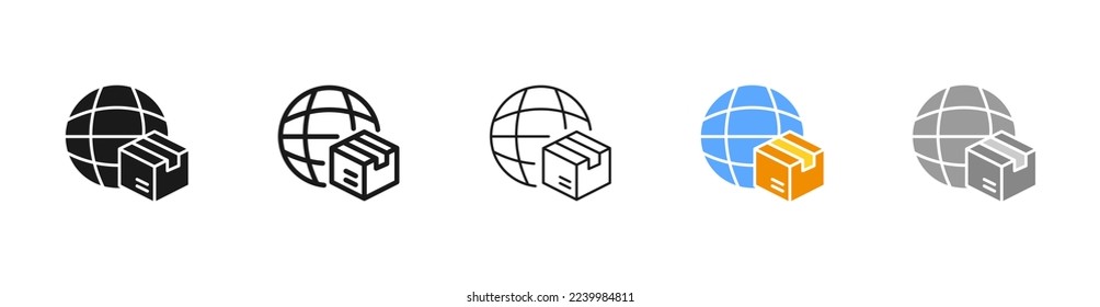 Worldwide shipping set icon. Packing, logistics service, shipping, quality mark, package, cross, warning, pack. Delivery concept. Vector five icon in different style on white background