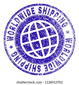WORLDWIDE SHIPPING stamp watermark with grunge texture. Blue vector rubber print of WORLDWIDE SHIPPING text with scratched texture. Seal has words arranged by circle and globe symbol.