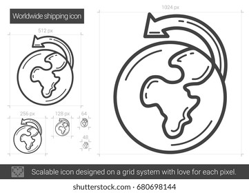 Worldwide shipping vector line icon isolated on white background. Worldwide shipping line icon for infographic, website or app. Scalable icon designed on a grid system.