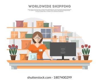 Worldwide shipping. Woman manager at computer control deadline, manage purchase shipping to customer. Vector worldwide delivery terminal, postal office with parcel cardboard box on shelf illustration