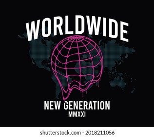 Worldwide - slogan for t-shirt design with Earth globe that melts and World map. Typography graphics for tee shirt, apparel print design. Vector illustration.