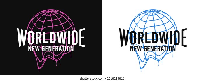 Worldwide - slogan for t-shirt design with Earth globe that melts. Typography graphics for tee shirt with dripping World globe. Apparel print design. Vector illustration. - Shutterstock ID 2018213816
