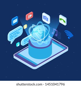 Worldwide social network vector isometric concept. Global social networking applications illustration. Communication worldwide, app web for smartphone