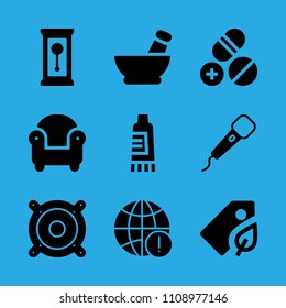 worldwide, speaker, cream, mortar, clock, armchair, pills, microphone and tag vector icon. Simple icons set
