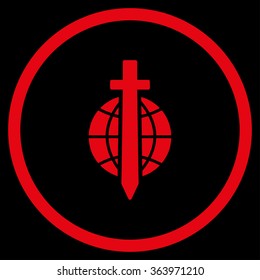 Worldwide Sword vector icon. Style is flat circled symbol, red color, rounded angles, black background.