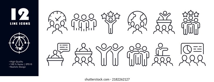 Worldwide teamwork set icon. Clock, company, employee, planet, tribune, stars, achievement, goal, speech, diagram, chart, presentation. Business concept. Vector line icon for Business and Advertising.