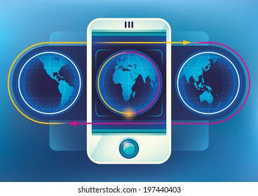 Worldwide technology illustration with smart phone. Vector illustration.