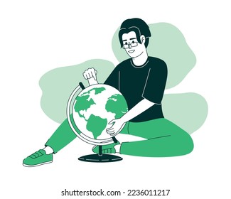 Ilustración lineal aislada del vector 2D del turismo mundial. Hombre sentado con un personaje plano de línea delgada sobre fondo de caricatura. Colorida escena editable para móvil, sitio web, presentación