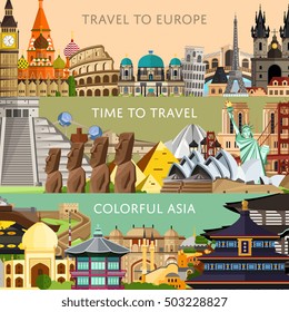 Worldwide travel flyers famous architectural landmarks. Travel to Europe. Colorful asia. Time to travel. Discover world concept. Historical landmarks.