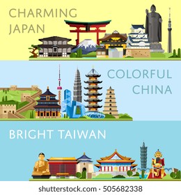 Worldwide travel flyers with famous architectural landmarks. Travel to Japan. Discover China. Bright Taiwan. Time to travel idea. Historical landmarks and buildings. Travel landmarks concept