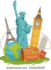 Worldwide travel landmarks. Tourist journey cartoon concept