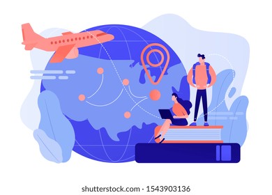 Worldwide travel, school adventure. Tourist trip, students on holidays. Educational tourism, international edu-tourism, best study tours concept. Pinkish coral bluevector isolated illustration